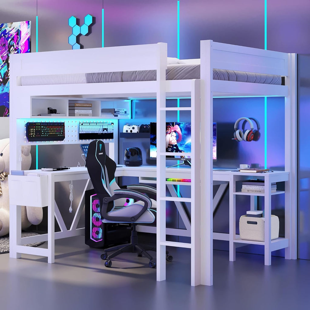 Virubi Full Gaming Loft Bed with Desk and Storage Shelves, LED RGB and Charging Station, Wood High Loft Bed with Storage Case, Ladders,and Guardrails for Adults Teens (White)