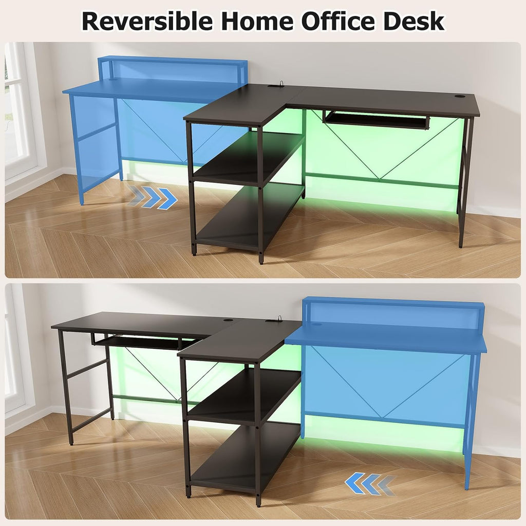 Giantex 94.5' 2 Person Desk with LED Lights, Long PC Study Desk with Storage Shelves, Power Outlets, Keyboard Tray & Monitor Stand, Double Computer Desk Workstation for Home Office (Black)