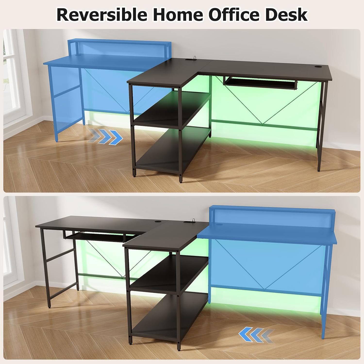 Giantex 94.5' 2 Person Desk with LED Lights, Long PC Study Desk with Storage Shelves, Power Outlets, Keyboard Tray & Monitor Stand, Double Computer Desk Workstation for Home Office (Black)