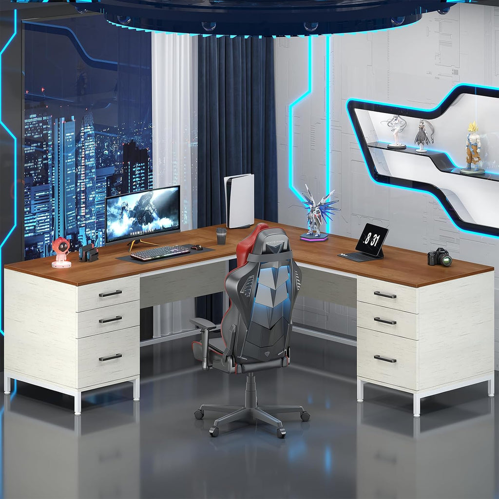 TVU 59'' L Shaped Desk with 6 Wood Drawers, Large Home Office Corner Computer Desk with Storage File Cabinet, Modern Metal Wood Desk for Executive Writing Study Workstation
