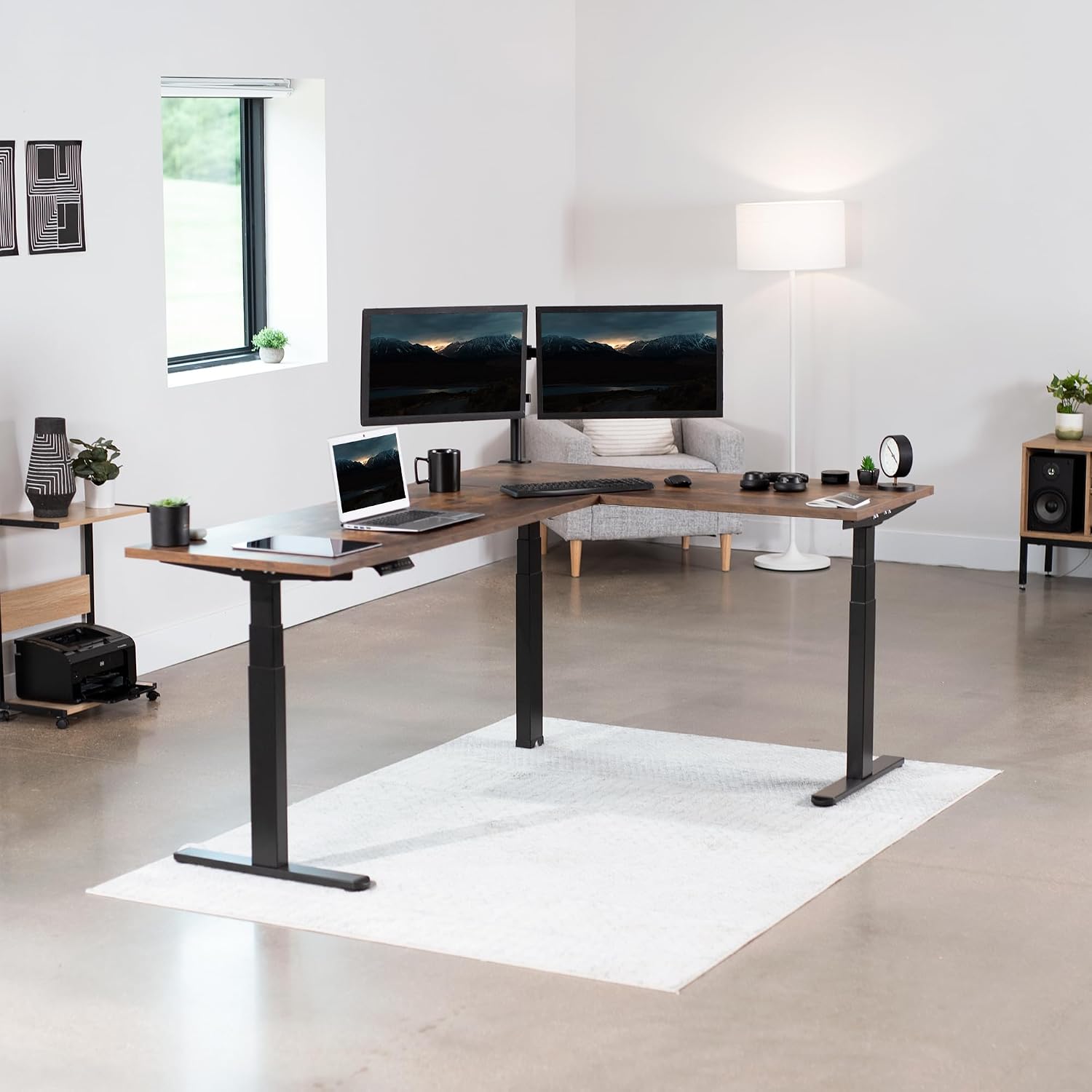 VIVO Electric Triple Motor Height Adjustable 3 Leg Corner Desk Frame, up to 300lbs, Sit Stand Ergonomic L Shaped Frame Only, Black, DESK-V130EB