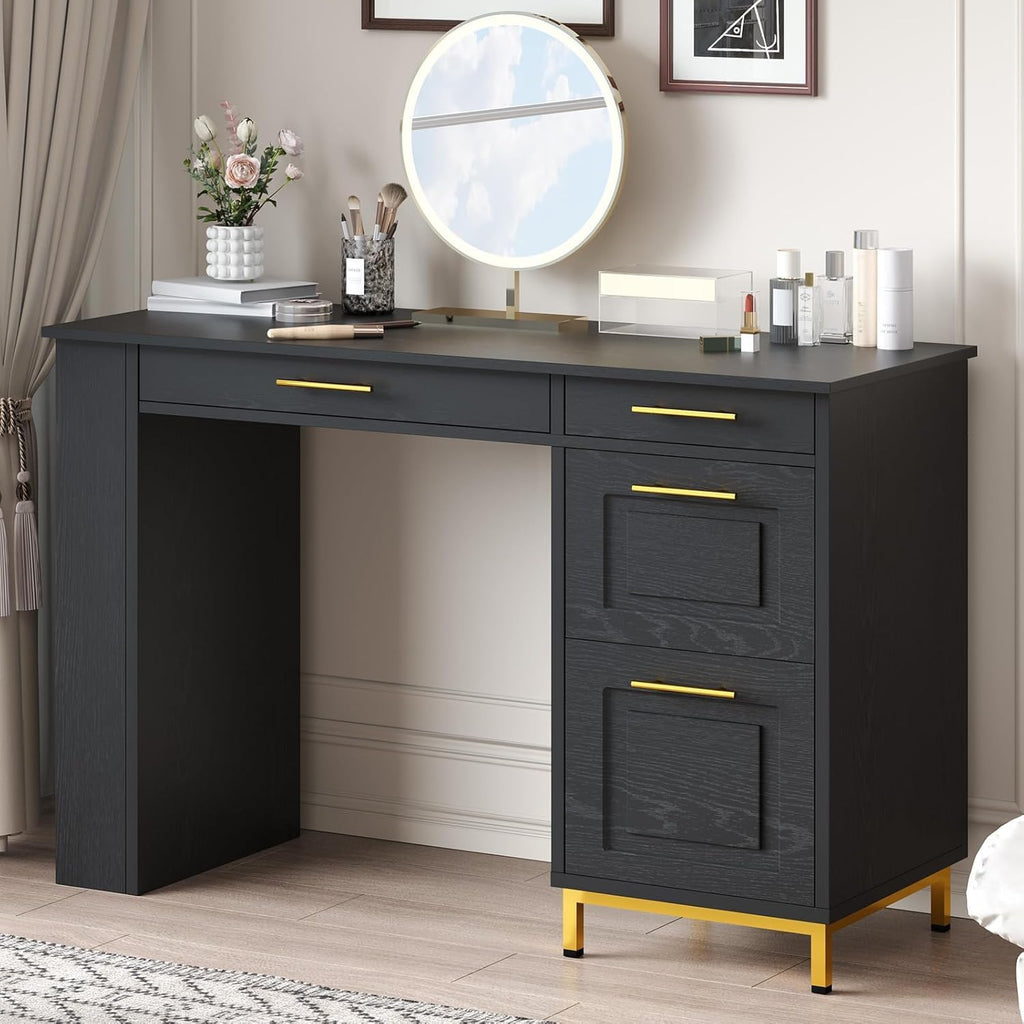 4 EVER WINNER Black Desk with Drawers and Power Outlet, 48 Inch Computer Desk with Storage Shelves, Writing Desk Study Table with Golden Handle for Small Space, Black
