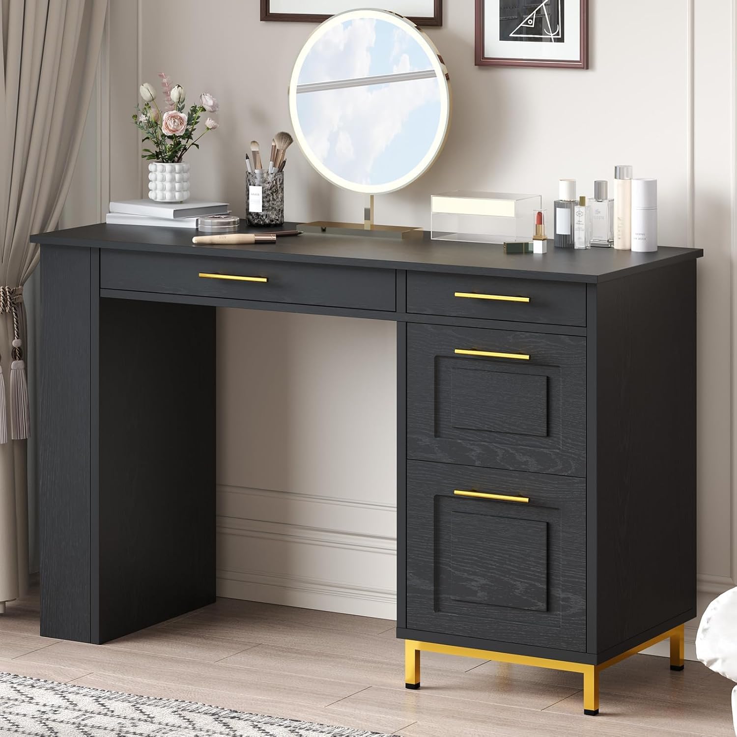 4 EVER WINNER Black Desk with Drawers and Power Outlet, 48 Inch Computer Desk with Storage Shelves, Writing Desk Study Table with Golden Handle for Small Space, Black