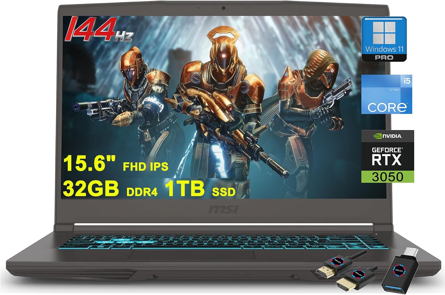 msi Thin 15 Gaming Laptop | 15.6' FHD IPS 144Hz | Intel 8-core i5-12450H (>i7-11800H) | 32GB DDR4 1TB SSD | GeForce RTX 3050 | Backlit Type-C Win11Pro w/DLCA Accessory