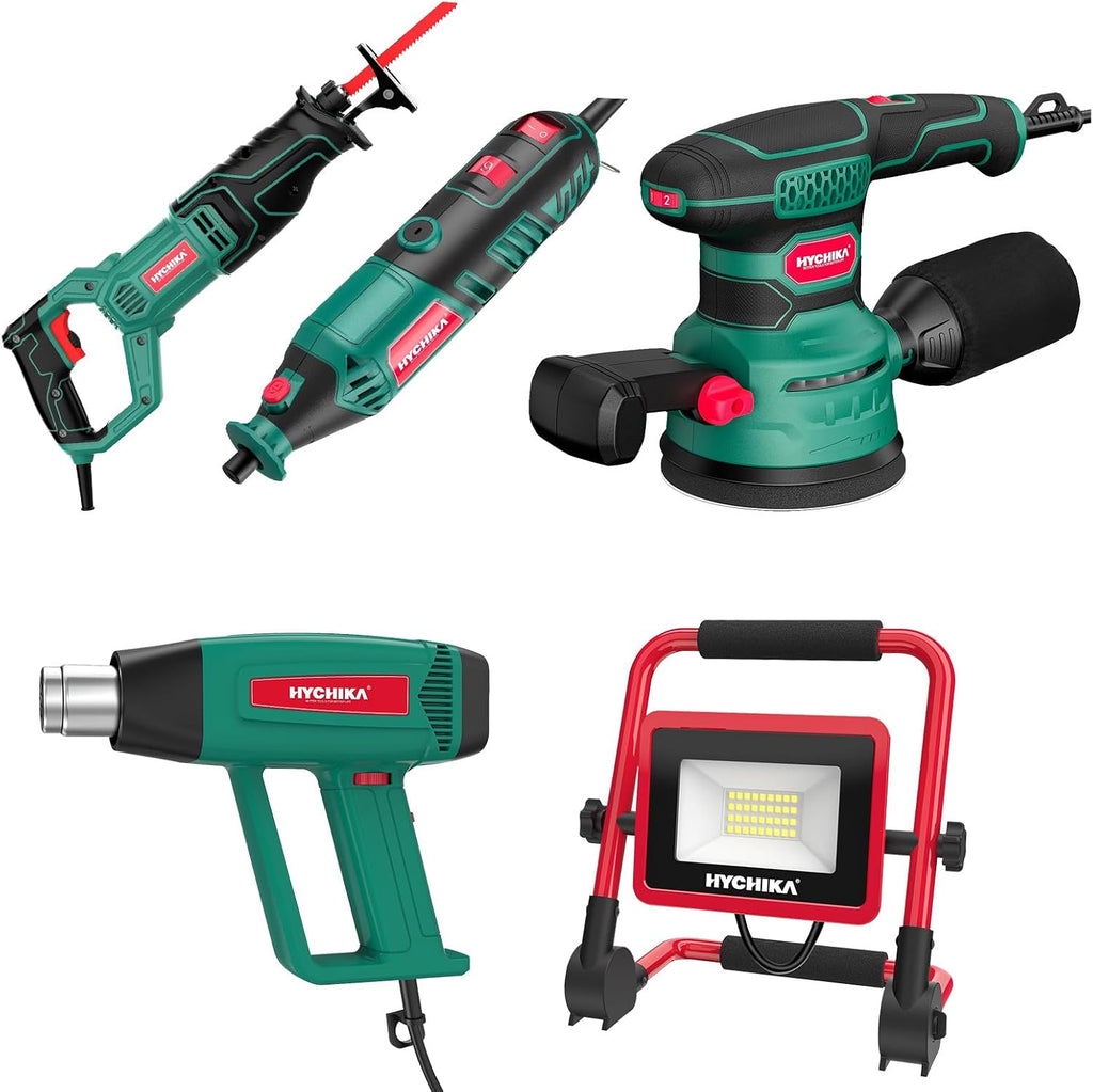 HYCHIKA Heat Gun,Orbital Sander 3.8Amp 450W,Reciprocating Saw,180W Rotary Tool,30W LED Work Light,5-Tool Power Tool Set Combo Kit