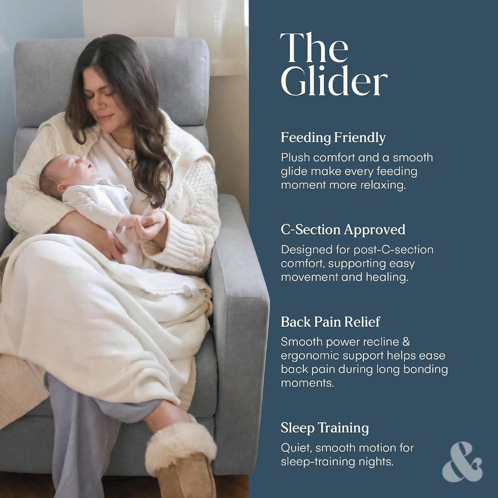 Nurture& The Glider Premium Power Recliner Nursery Glider Chair with Adjustable Head Support | Designed with a Thoughtful Combination of Function and Comfort | Built-in USB Charger (Gray)