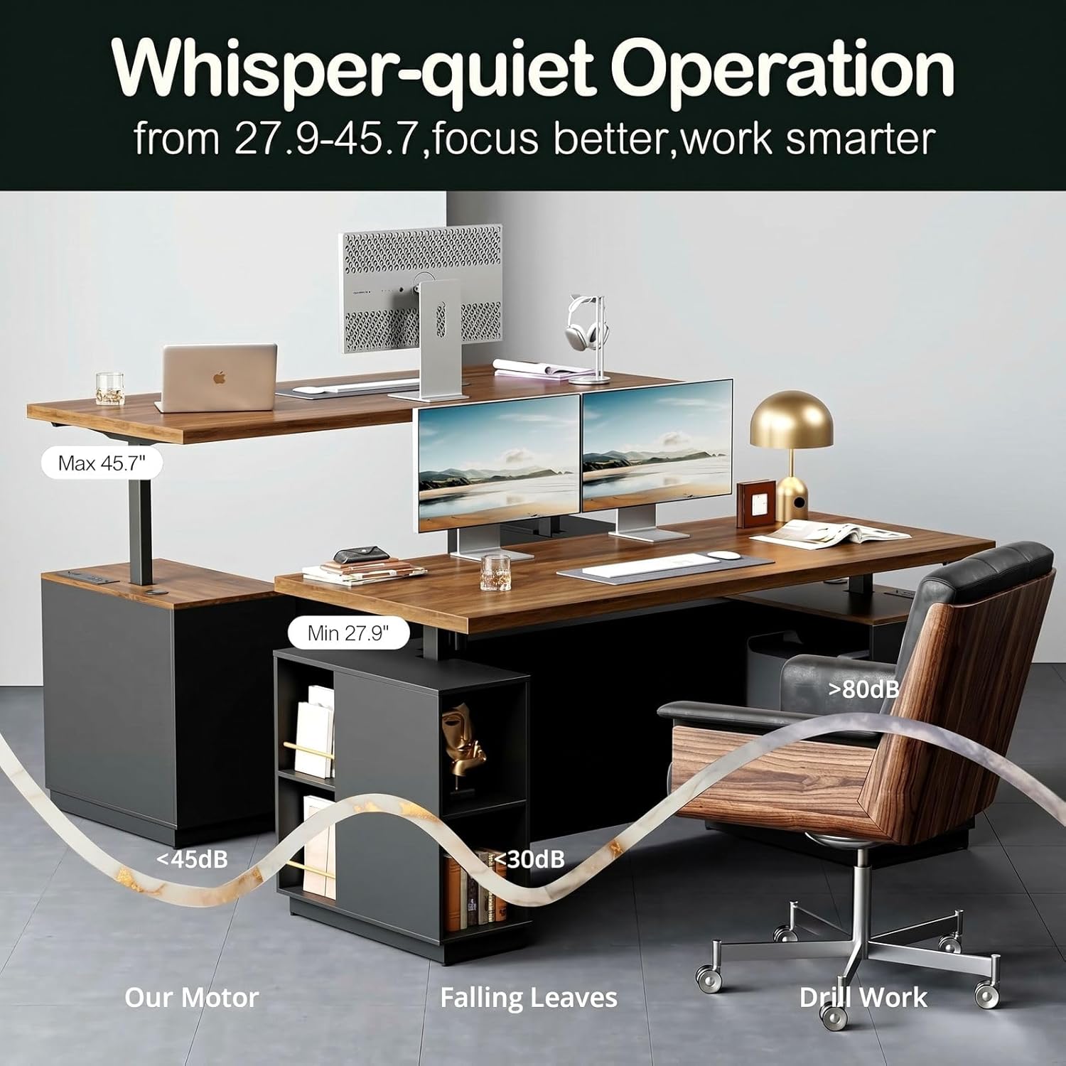 ModernMate 71' Standing Desk with File Cabinet, AC/USB, 1.18' Desktop, L Shaped Height Adjustable Desk, Electric Furniture Set with Multiple Functions for Home and Office, Black Walnut