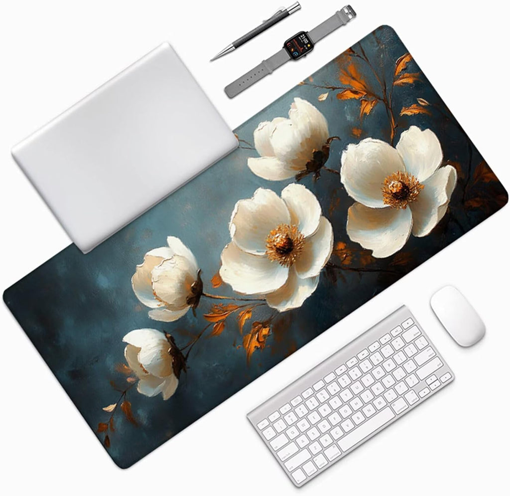 Flower Mouse Pad, Gaming Mouse Pad 60x32in, Desk Mat with Stitched Edges, Large Mousepad Waterproof, Gaming Accessories Keyboard Mat, Office Desk Accessories, for Gamer Computer Office, White 2-3774