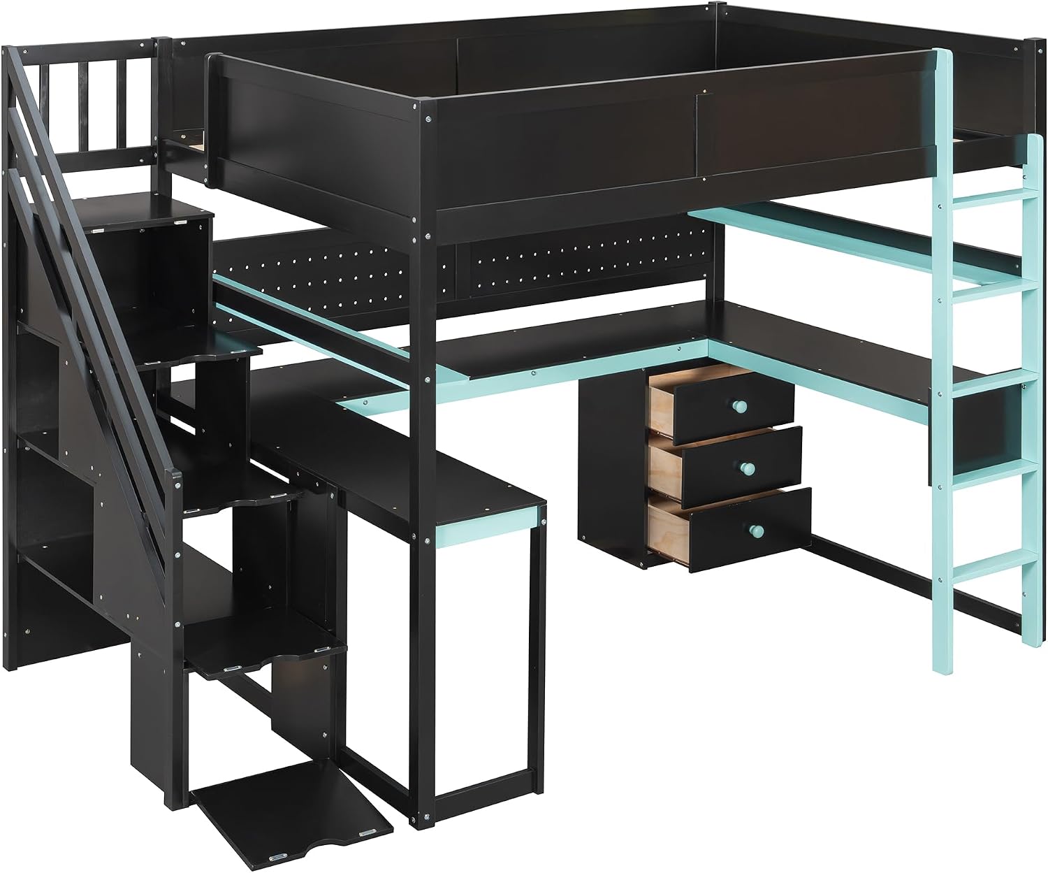 VilroCaz Modern Full Size Gaming Loft Bed with Built-in Desk, Shelves & Pegboard, Wood Loft Bed Frame with Storage Stairs for Kids Teens Adults, Maximize Space Saving (Black+Blue-S, Full)