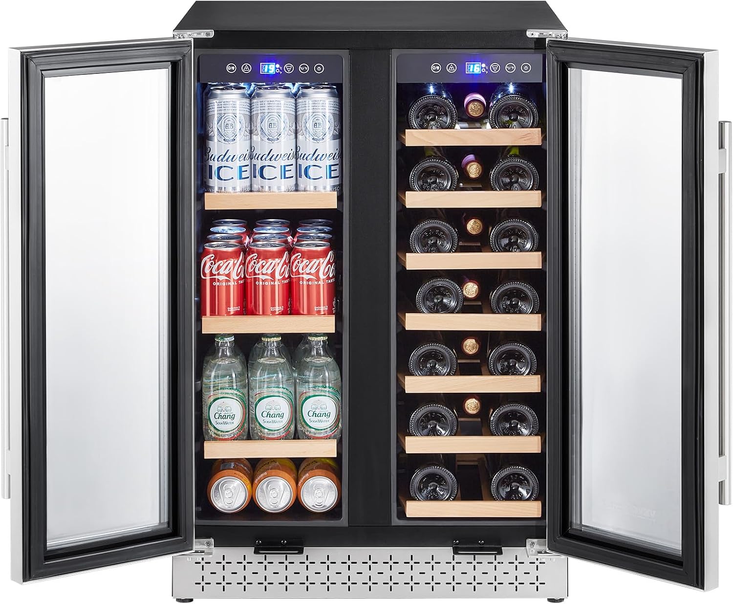 VEVOR Wine and Beverage Refrigerator, 24 in Dual Zone Wine Cooler, Built-in & Freestanding Fridge with Glass Doors, Adjustable Shelves, Digital Temperature Control, 64 Cans and 20 Bottles Capacity