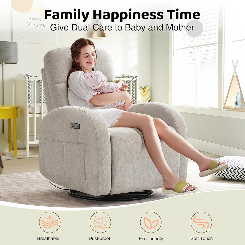 Nursery Glider Recliner, Power Swivel Rocking Recliner with USB & Type-C Port, Swivel Nursering Reclining Rocker with Double Pockets for Living Room, Camel Chenille