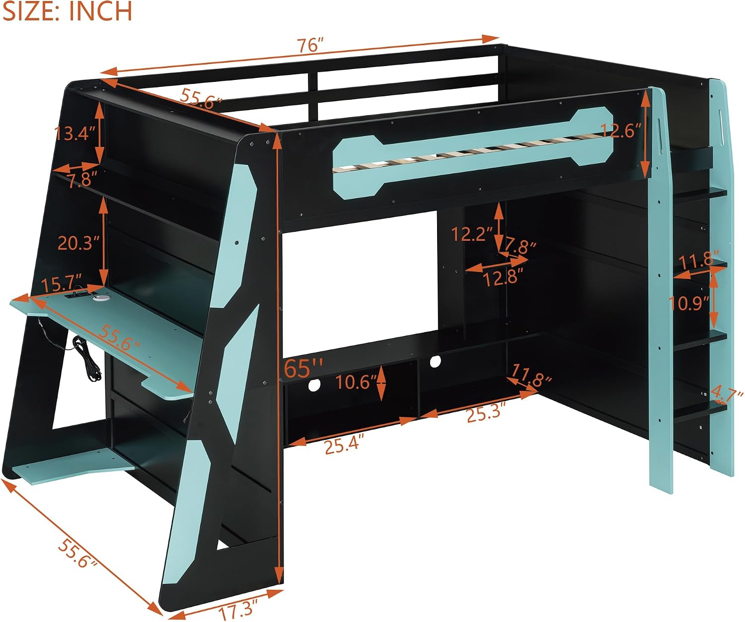Harper & Bright Designs Full Size Wood Gaming Loft Bed with Desk, RGB Light, Full Solid Wood Loft Bed Frame with Storage Shelves for Teens, Adults (Blue)
