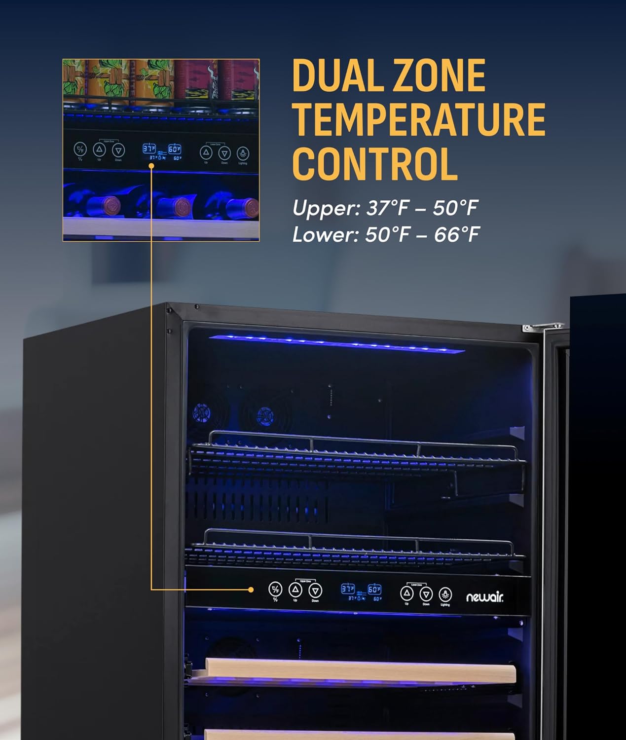 NewAir 24' Dual Zone Beverage Refrigerator & Wine Cooler for 20 Bottles & 70 Cans | Freestanding or Built-In Under Counter Mini Fridge for Beer, Wine and Soda | Stainless Steel