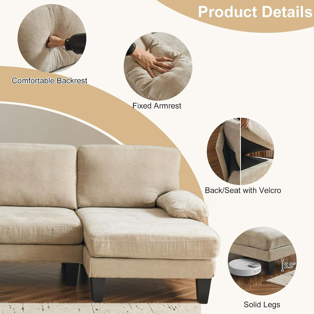 Karl home 111' Sectional Sofa U-Shaped 4-Seat Couch with Chaises Wood Grian Legs Chenille Fabric Upholstered for Living Room, Apartment, Office, Khaki