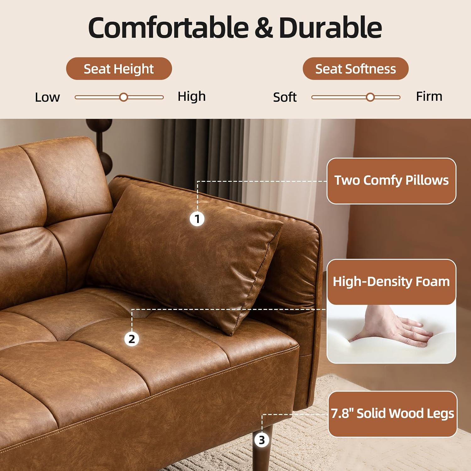 HALLYBEE 85' Futon Sofa Bed, Sleeper Sofa, Small Couch with Storage Adjustable Armrests Pillows, Faux Leather Loveseat, Mid Century Modern Couches for Living Room, Bedroom, Apartment, Brown