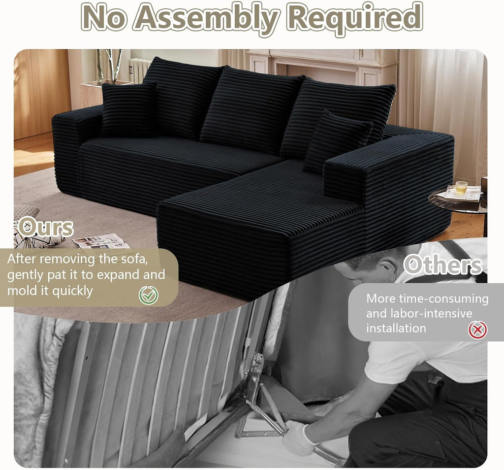 95.8' Cloud Sectional Couch with L-Shape Chaise, Modern Modular Comfy Sofa Chaise Longue, Upholstered Corduroy Couches Sleeper with Deep Seat for Living Room Bedroom, No Assembly Required, Black