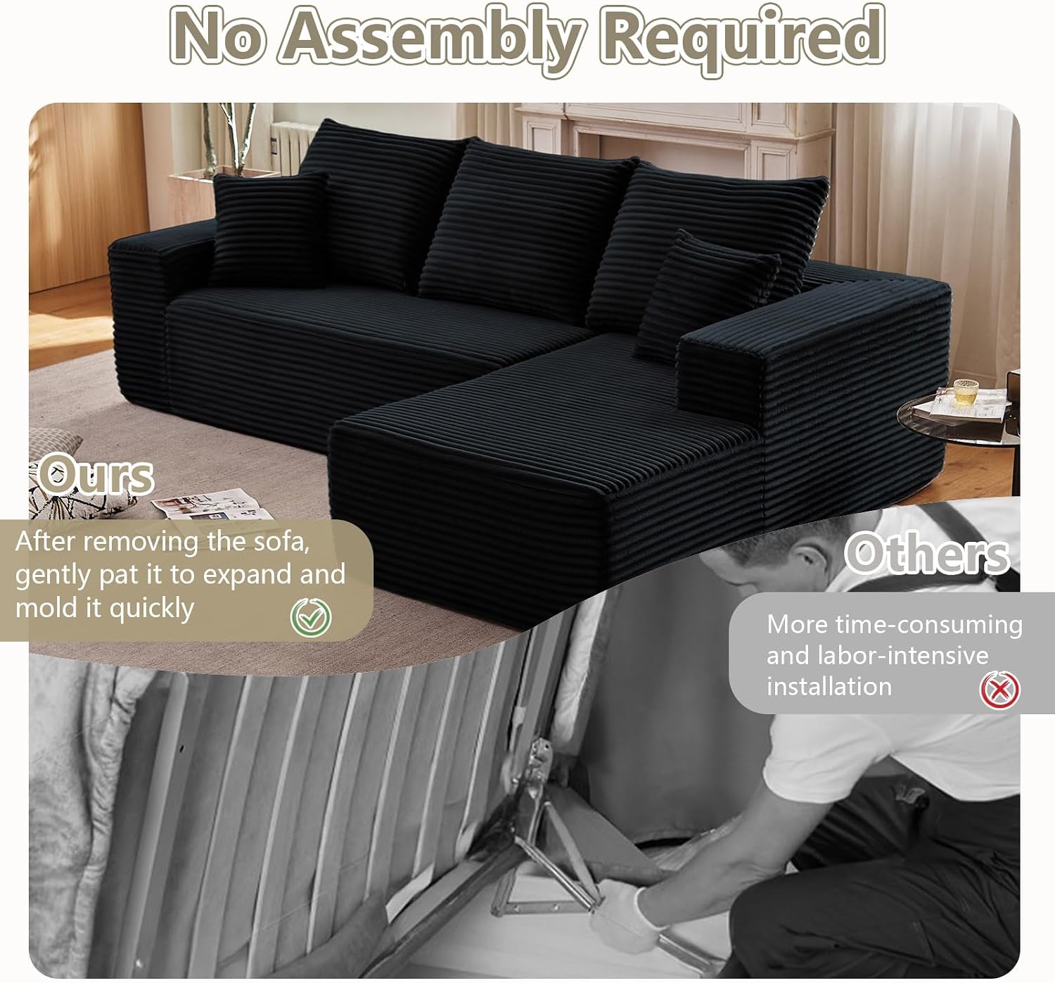 95.8' Cloud Sectional Couch with L-Shape Chaise, Modern Modular Comfy Sofa Chaise Longue, Upholstered Corduroy Couches Sleeper with Deep Seat for Living Room Bedroom, No Assembly Required, Black