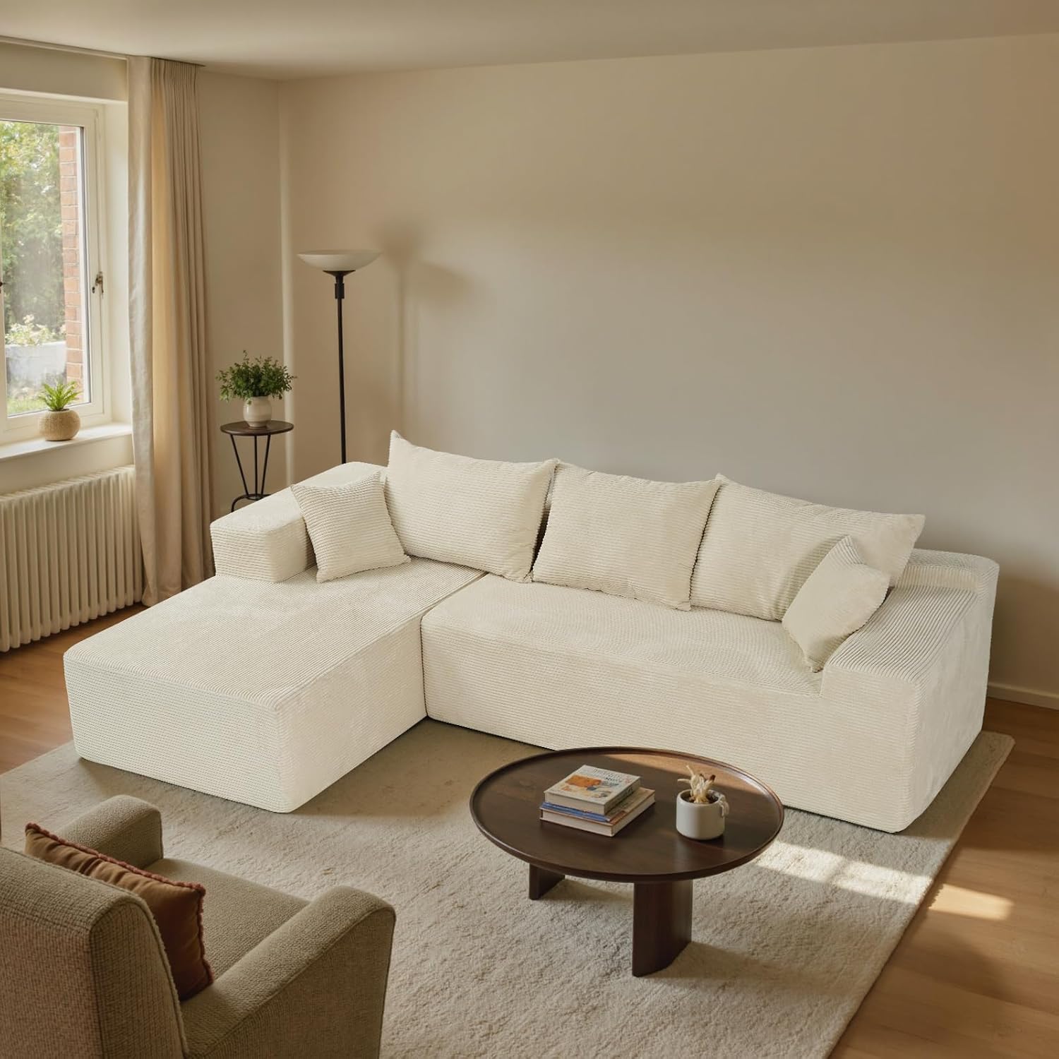 Beige Sectional Couches for Living Room, Boneless Couch with L-Shape Chaise, Modular Sofa in Box with Deep Seat, No Assembly Required