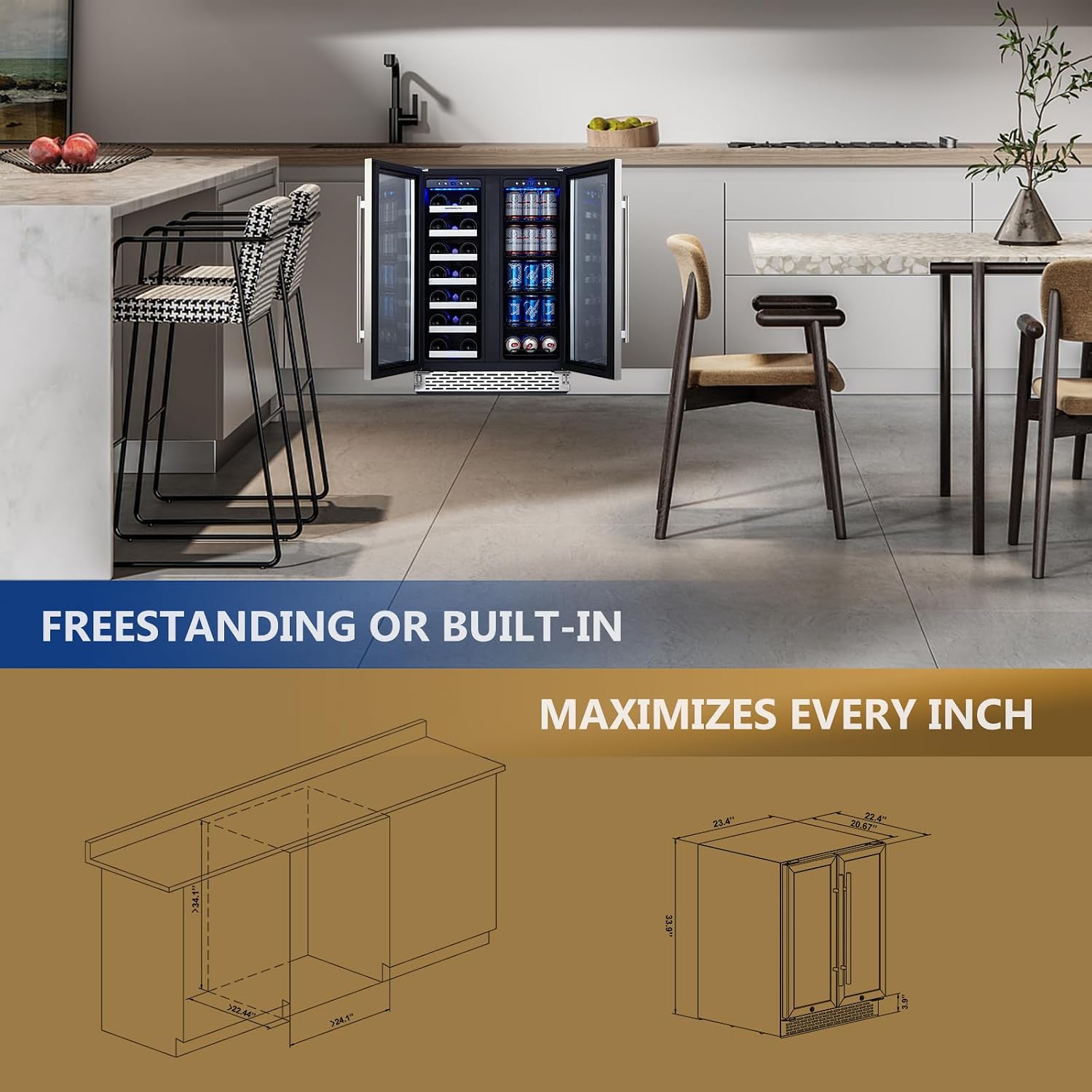 Phiestina Wine and Beverage Refrigerator, 24'' Wine Cooler- 20 Bottles&78 Cans, Built-in/Freestanding Dual Zone Wine Fridge with Glass Door, Removable Shelves for Home/Bar/Office