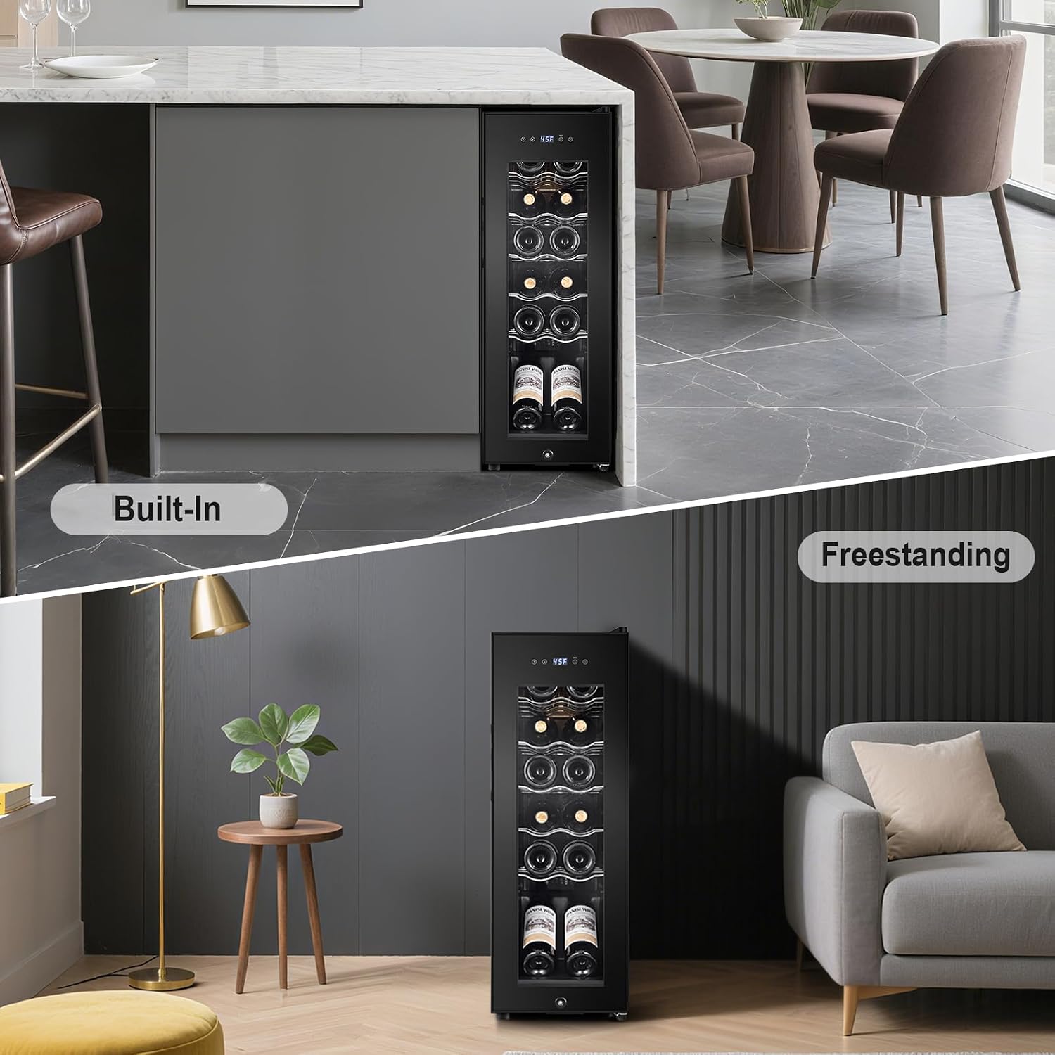 Tylza 12 Bottles Wine Fridge, Wine Cellar with Powerful Compressor, LED Touchscreen, Low-E Tempered Glass Door, Lock, Wine Cooler Refrigerator for Red, White, Champagne or Sparkling Wine, Black