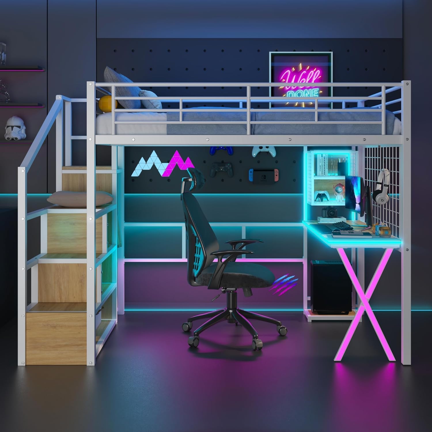 MERITLINE Full Gaming Loft Bed with Desk and Storage Wardrobe& LED RGB,Metal Gaming Bed with Stairs and Storage Case,for Adults Teens (White)