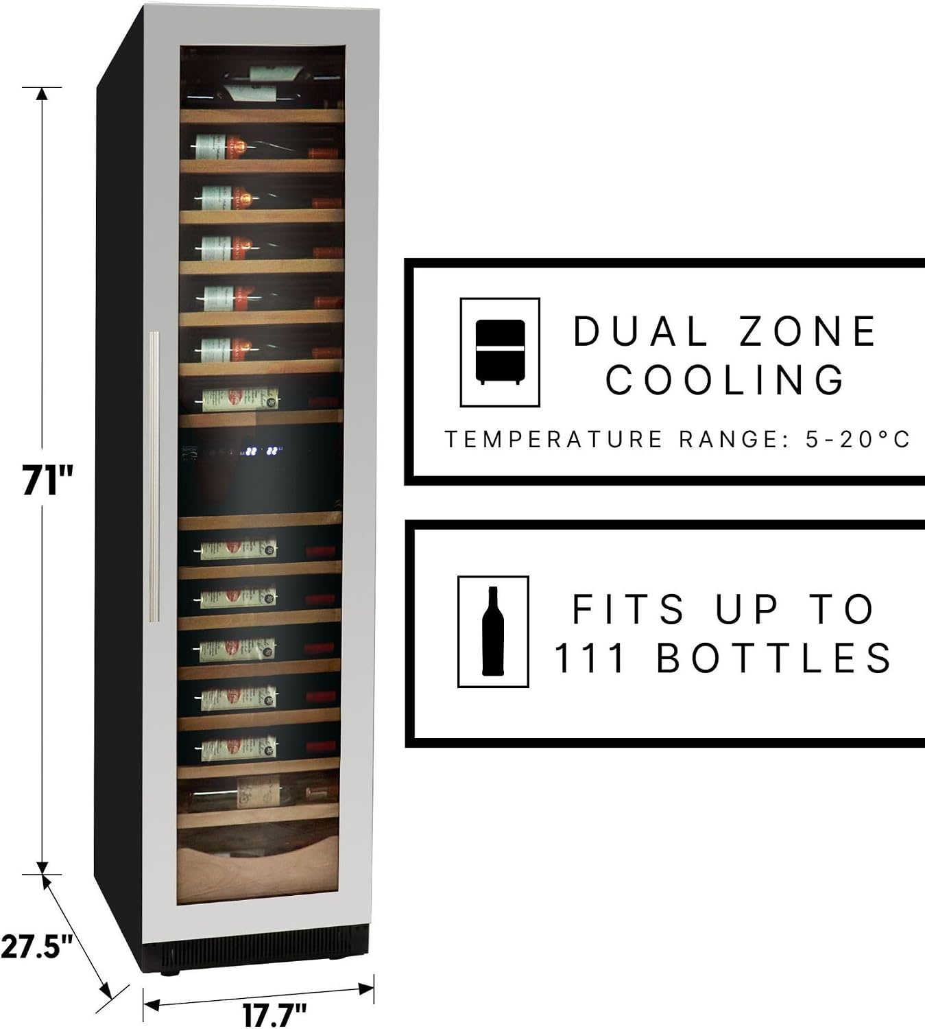 Koolatron Kenmore 111 Bottle Wine Fridge – Freestanding Wine Cooler with Glass Door, 18 In Beverage Can Refrigerator Dual temperature zone, Ideal for Red, White & Sparkling Wine