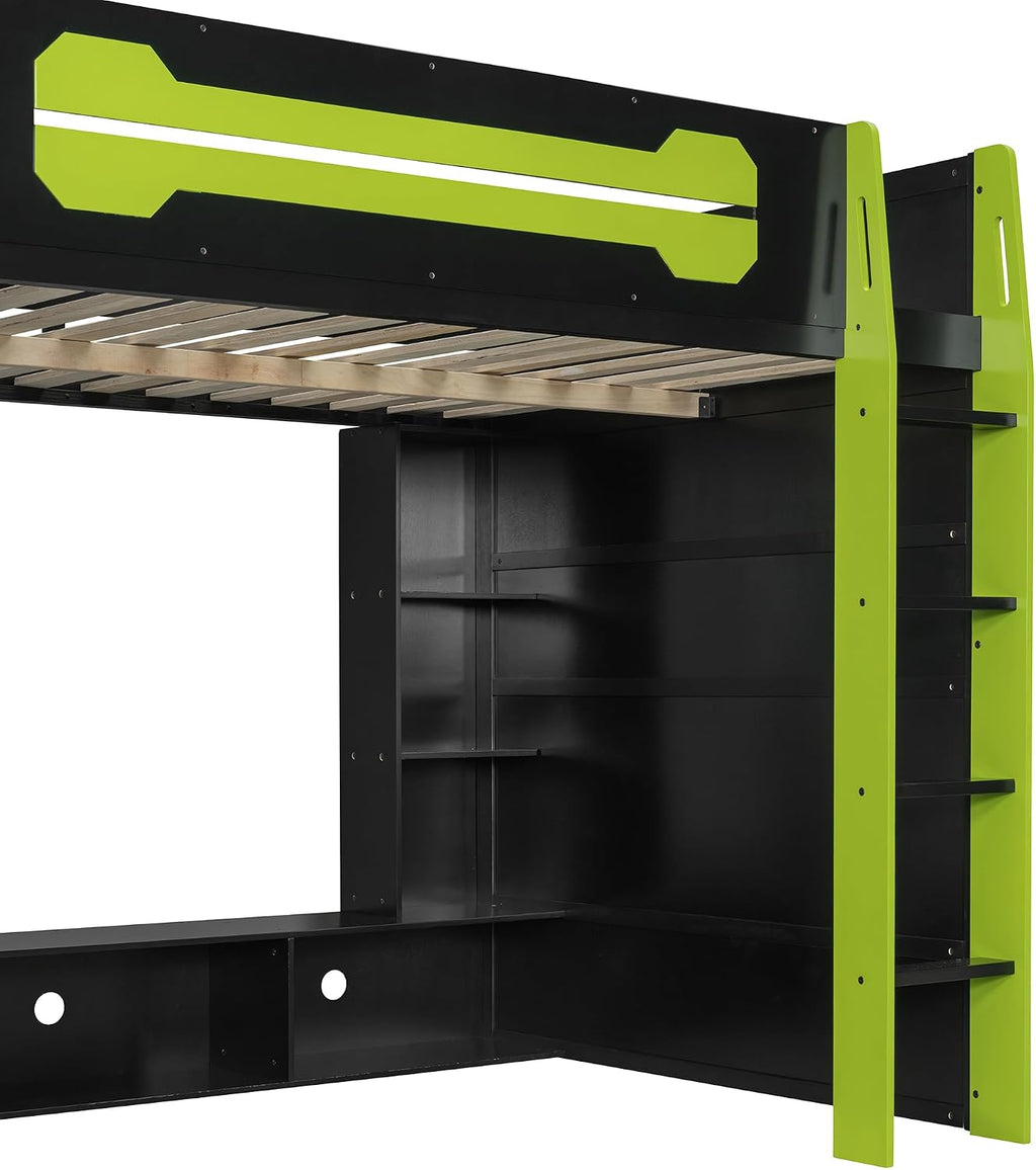 Merax Full Size Loft Bed with Desk and Multi-Storage Shelves, Wooden Gaming Loft Bed Frmae with Light and Charging Station, Space-Saving Bed with Safety Guardrail, No Box Spring Needed, Green