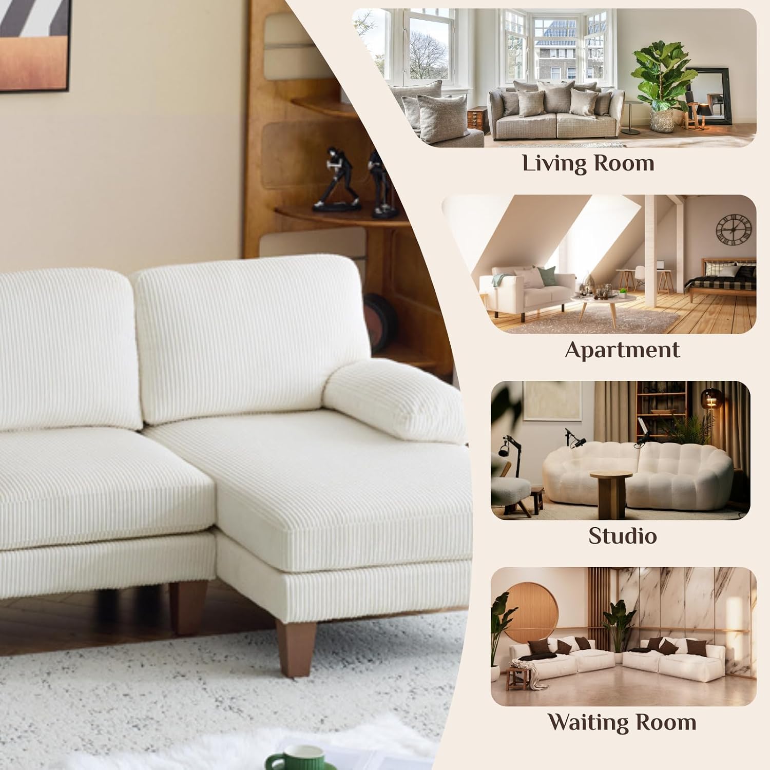 Karl home U-Shape Sectional Sofa Couch 111' Modern 4-Seat Sofa with Chaises Corduroy Fabric Upholstered Covertible Couch with Wood Grain Legs for Living Room, Reception Room, Apartment, Beige