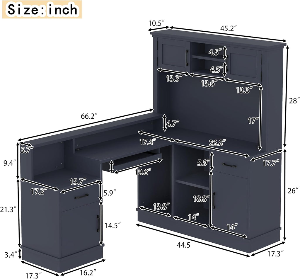 Bellemave L-Shaped Computer Desk with Power Outlet & Storage - Modern Corner Gaming Desk with Bookshelf and Drawers, Study Writing Workstation for Home Office, Blue