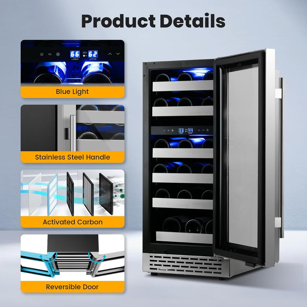 Wine Fridge Freestanding,15 Inch Wine Cooler Under Counter,28 Bottle Built-in Dual Zone Wine Refrigerator with Stainless Steel Reversible Door for Home and Kitchen