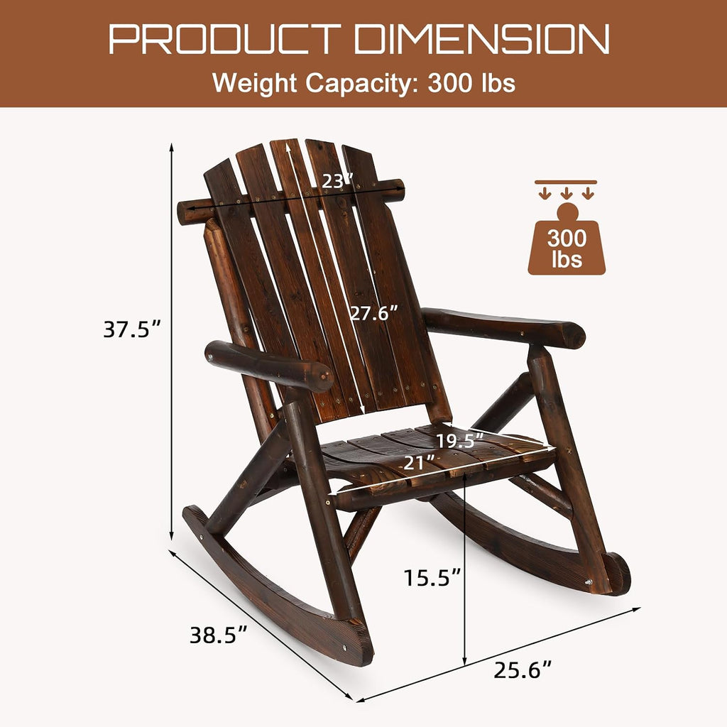 HOMEDIARY Wooden Adirondack Rocking Chair, Patio Log Rocker Outdoor Lounge Chair with Slatted Wooden Design, High Fanned Back & Classic Rustic Style for Garden Patio Backyard Porch, Carbonized