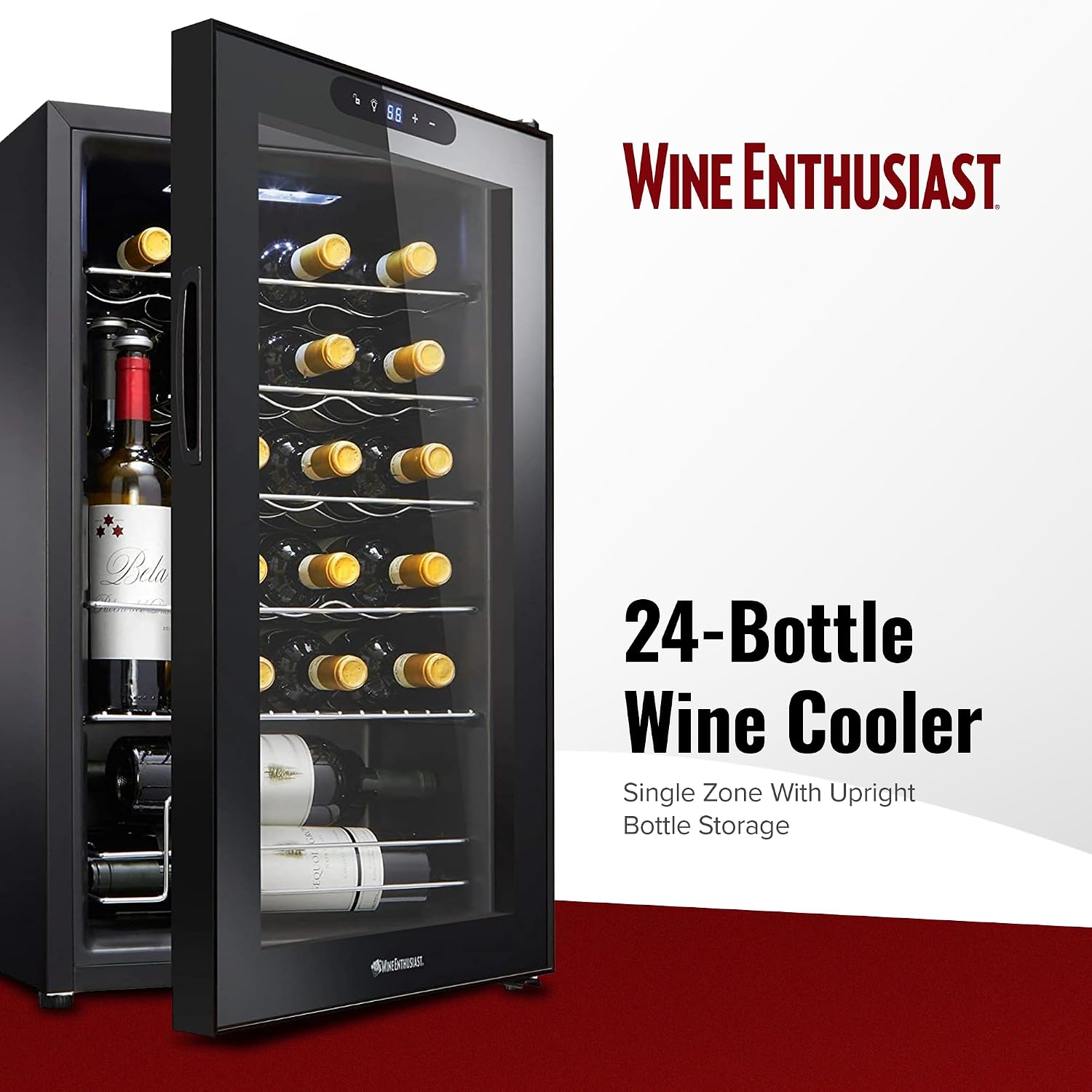 Wine Enthusiast 24-Bottle Compressor Wine Cooler w/Upright Bottle Storage - Freestanding 2.4 Cu. Ft. Wine Refrigerator, LED Digital Control Panel, Energy-Efficient Cooling of 41-64°F