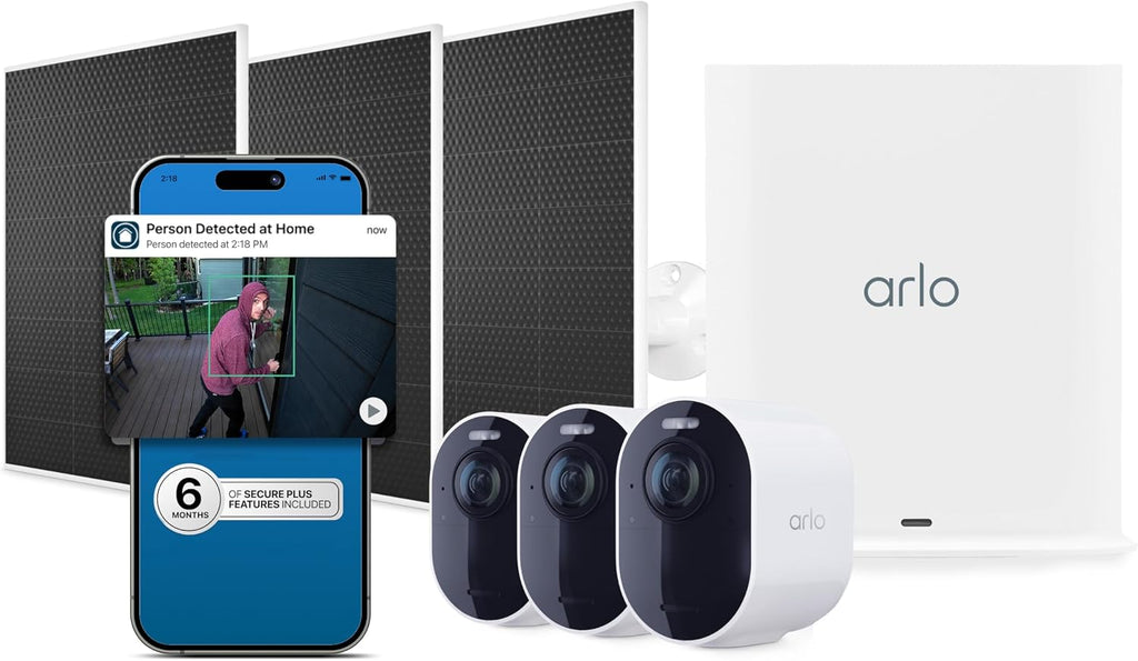 Arlo Ultra Security Camera 4K HDR (3rd Gen, 2025 Release), SmartHub, 3 Cam + 3 Solar Panels + 6 Months of Secure Plus Plan, AI Detection - Person, Vehicle, Package & Animal, 180° Field of View, White