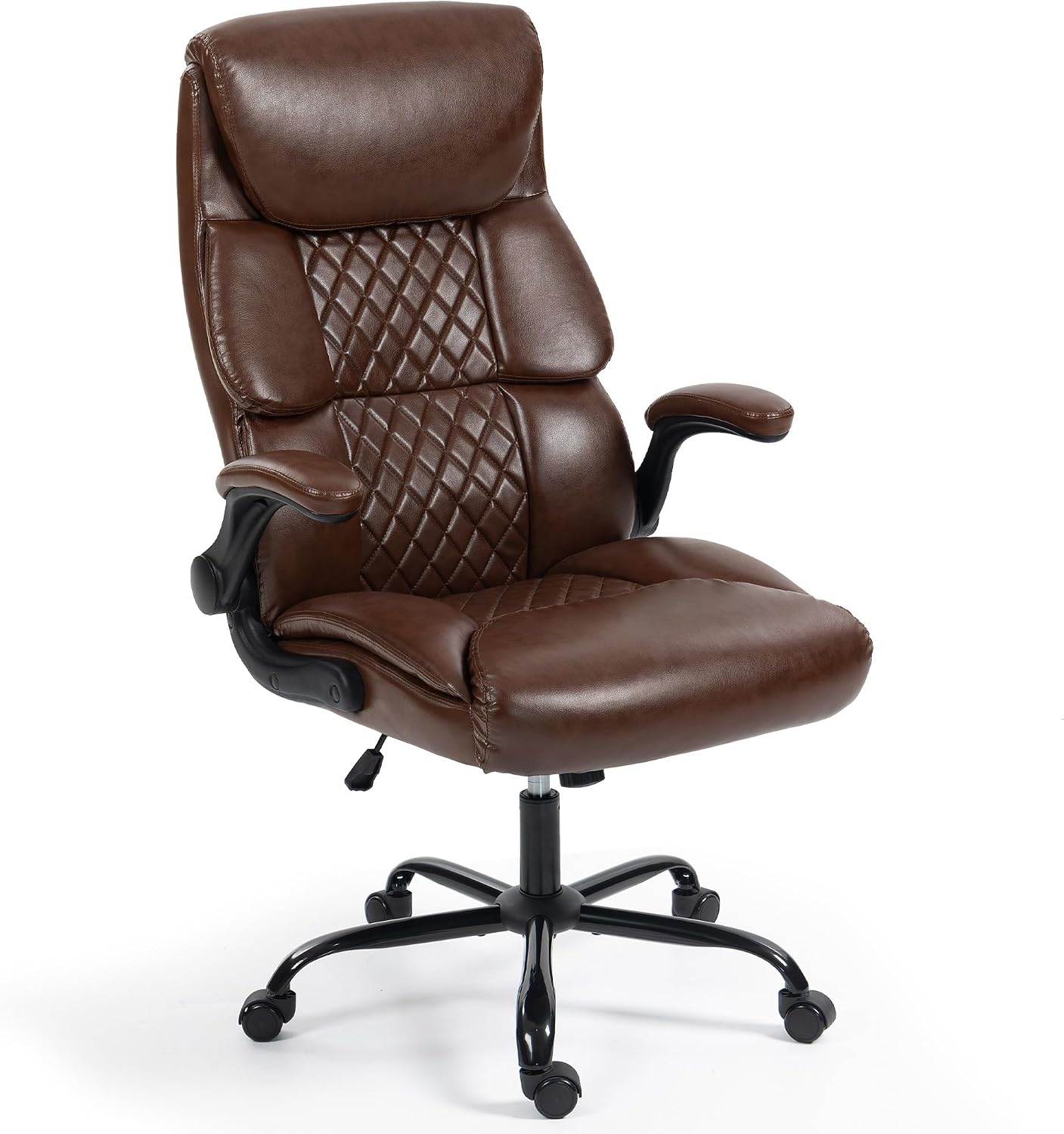 Office Chair - Ergonomic High Back Computer Desk Chair with Rocking Function & Lumbar Support - Executive Comfortable Wide Swivel Rolling Office Leather Chair with Flip-up Armrests for Home Gaming
