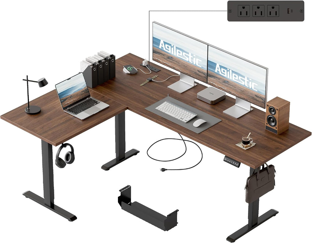 Agilestic Electric L Shaped Standing Desk 63 x 48 Inch with Power Outlet, Height Adjustable Corner Stand up Desk with Cable Management,Sit Stand Home Office Workstation with Splice Board, Dark Walnut