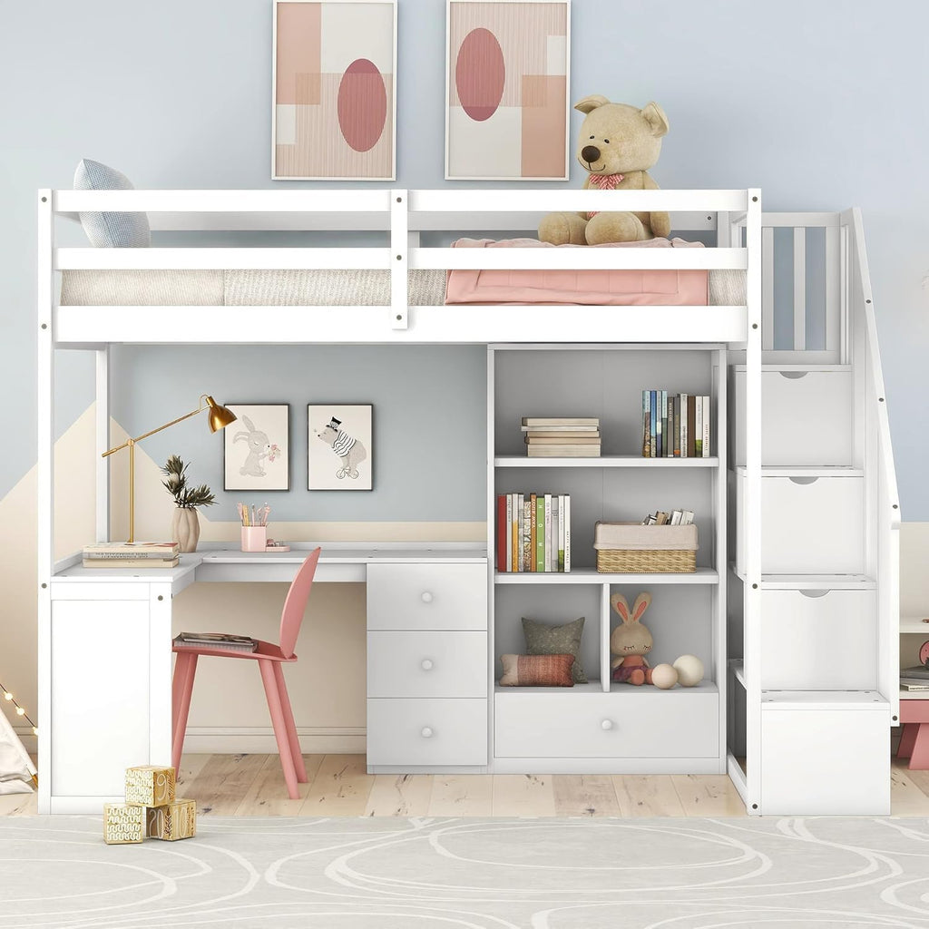 MERITLINE Twin Size Loft Bed with L-Shaped Desk,Storage Staircase,and Guardrails,Wood High Loft Bed with Storage Bookcase and 4 Drawers,for Adults, No Box Spring Needed (White)