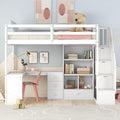 MERITLINE Twin Size Loft Bed with L-Shaped Desk,Storage Staircase,and Guardrails,Wood High Loft Bed with Storage Bookcase and 4 Drawers,for Adults, No Box Spring Needed (White)
