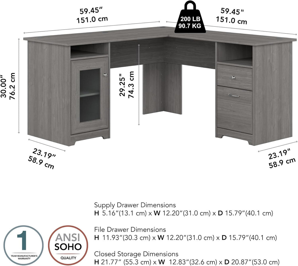 Bush Home Cabot 60W L Shaped Computer Desk with Storage in Modern Gray, 60-inch Corner Table with Drawers for Home Office Workspace