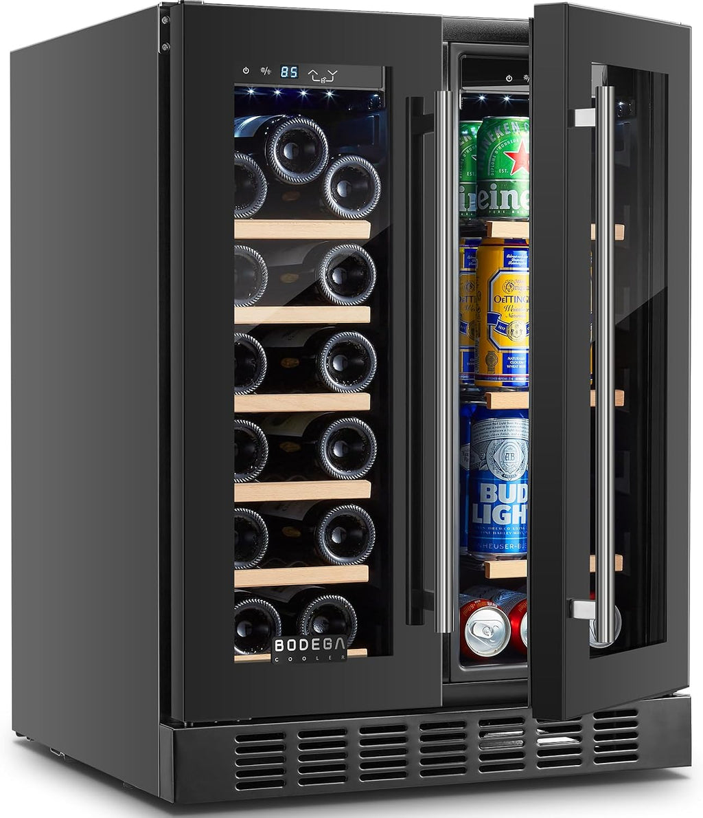 BODEGACOOLER 24 Inch Wine and Beverage Refrigerator Free Standing. Dual Zone Stainless Steel Wine Fridge under Counter, Drink Cooler for Beer, Soda, Champagne, Holds 41 Cans and 17 Bottles, Black
