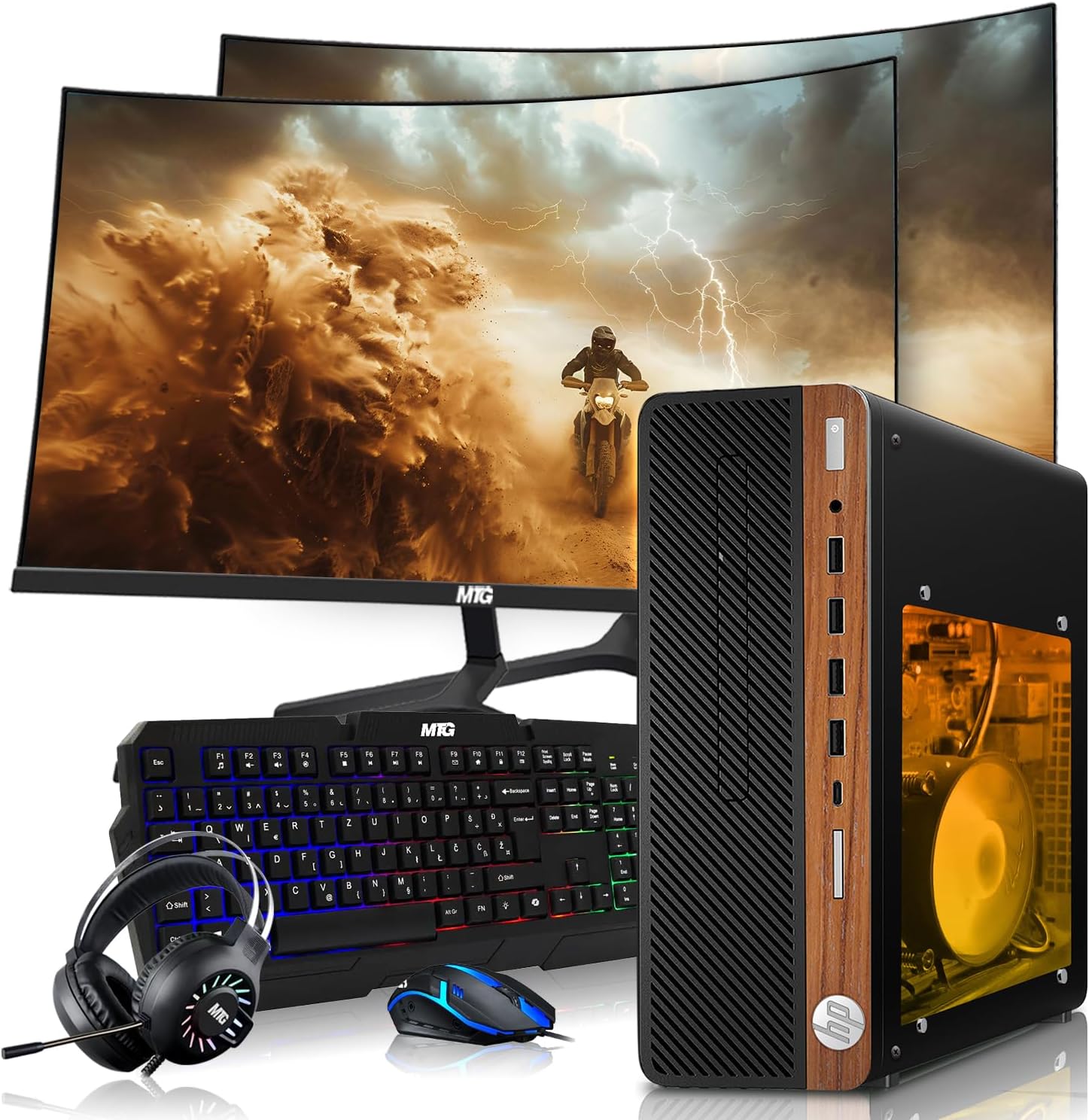 HP Half Dark Gaming PC Desktop Computer – AMD Pro A10-9700,GT 1030 Graphics,8GB RAM,512GB SSD,Dual 24 Inch Curved Monitor,RGB Keyboard with AI Copilot,Mouse,WiFi,RGB Headphone,Windows 11(Renewed)