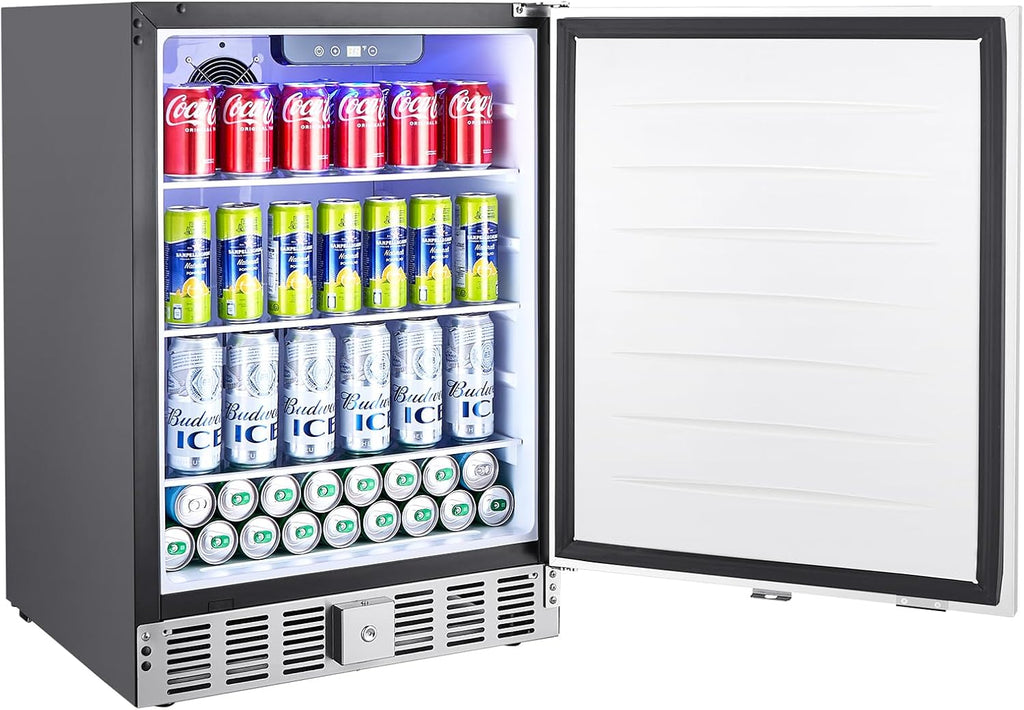 VEVOR 24-Inch Outdoor Beverage Refrigerator, 150 QT Built-in Drink Fridge, 0.56 kWh/Day Energy-Efficient Cooler with 304 Stainless Steel Door, Holds 180 Cans for Outdoor Kitchen, Home Bar, Patio