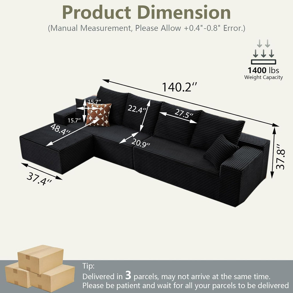 140' L Shaped Cloud Sectional Couch for Living Room, Modular Floor Deep-Seat Sofa, Big Comfy Corduroy Couches Set with Fluffy Memory Foam for Living Room Bedroom, No Assembly Required, Black