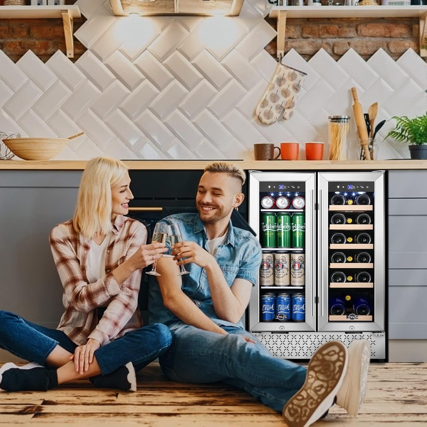 Tylza Wine and Beverage Refrigerator, 24 Inch Dual Zone Wine Fridge, Holds 18 Bottles and 88 Count, French Doors, Lock, Under-counter or Freestanding Wine Cooler, Beverage Fridge with Tempered Glass