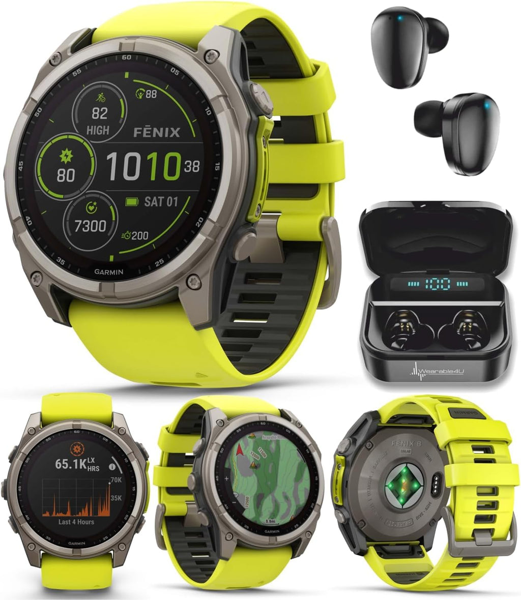 Garmin Fenix 8 – 51 mm, Solar, Sapphire Amp Yellow/Graphite Silicone GPS Smartwatch Black Earbuds Bundle
