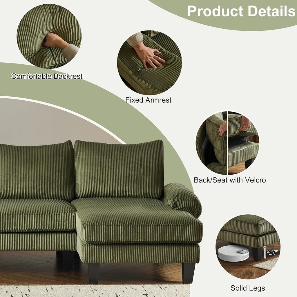 Karl home U-Shape Sectional Sofa Couch 111' Modern 4-Seat Sofa with Chaises Corduroy Fabric Upholstered Covertible Couch with Wood Grain Legs for Living Room, Reception Room, Apartment, Green