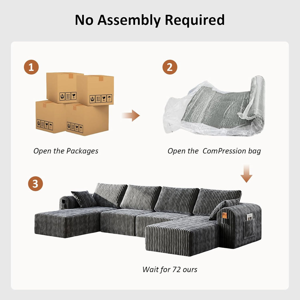 Modular Sectional Sofa, Boneless Couches for Living Room, L-Shape Sofa Couches,Cloud Couch Sectional, Comfy Corduroy Sofa, with Deep Seat, No Assembly Required (Gray, 4 Seater + 2 Ottoman)