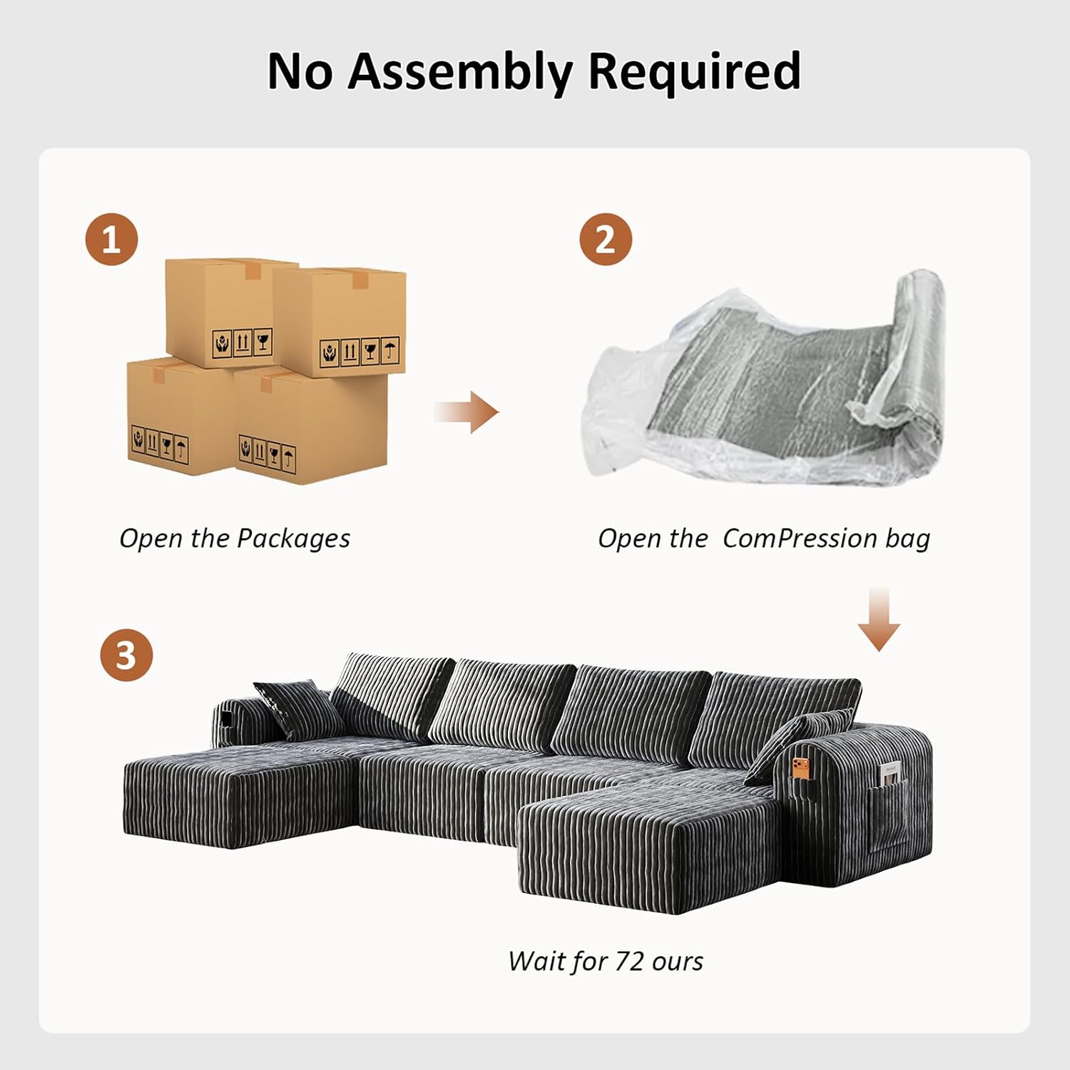 Modular Sectional Sofa, Boneless Couches for Living Room, L-Shape Sofa Couches,Cloud Couch Sectional, Comfy Corduroy Sofa, with Deep Seat, No Assembly Required (Gray, 4 Seater + 2 Ottoman)