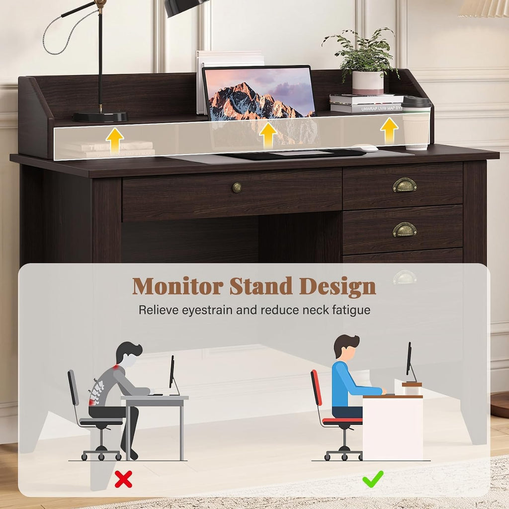 4 EVER WINNER Small Desk with Drawers, Office Desk with File Drawer and Monitor Stand, Writing Desk Study Table for Small Spaces, Espresso