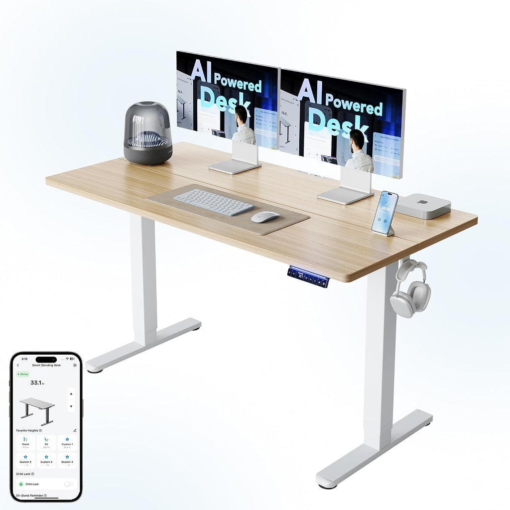 HUANUO AI-Powered Electric Standing Desk with Smart APP, Work with Alexa & Google, Adjustable Height, 3 Memory Settings, Sedentary Reminder, Ergonomic Sit-Stand Desk, 55-inch, Light Walnut
