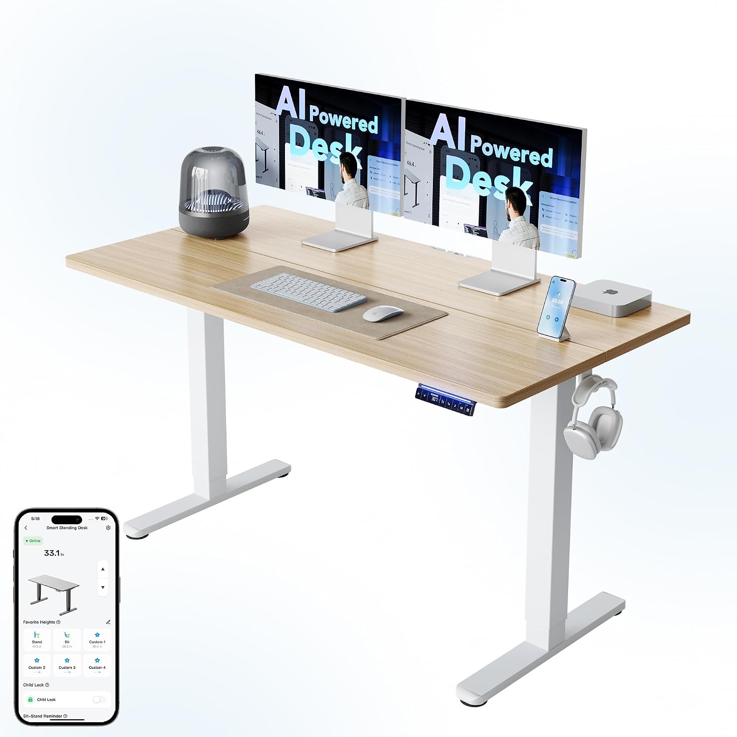 HUANUO AI-Powered Electric Standing Desk with Smart APP, Work with Alexa & Google, Adjustable Height, 3 Memory Settings, Sedentary Reminder, Ergonomic Sit-Stand Desk, 55-inch, Light Walnut